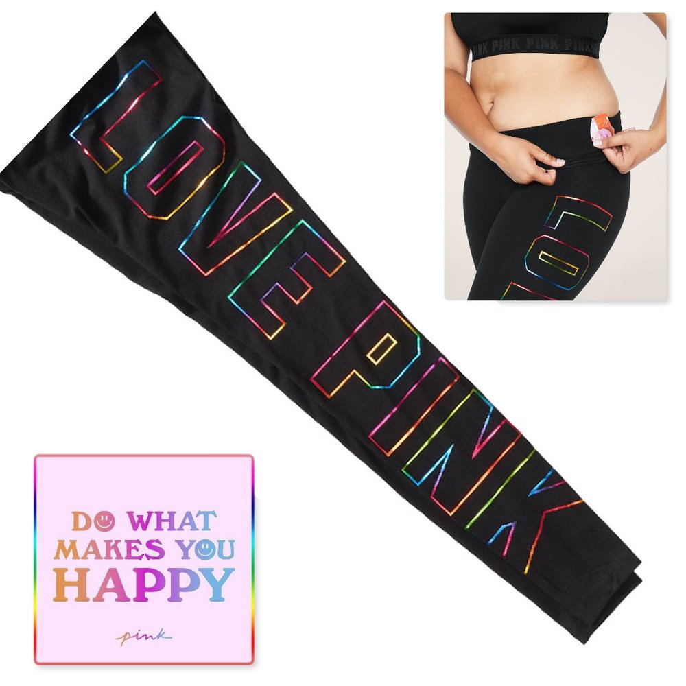NWT PINK VICTORIA'S SECRET FOIL RAINBOW OMBRE LOGO BLACK HIGH WAIST LEGGING S